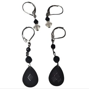 Handmade Black Crystal Teardrop Earrings – Two-Piece Set with Silver Leverbacks